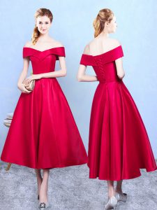 Glorious Wine Red Lace Up Dama Dress Appliques Sleeveless Tea Length