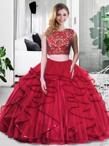 Scoop Sleeveless Zipper Quinceanera Gown Wine Red Tulle