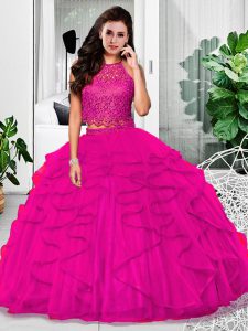Sleeveless Tulle Floor Length Zipper Quince Ball Gowns in Fuchsia with Lace and Ruffles