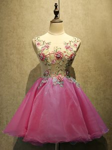 Glorious Sleeveless Organza Mini Length Lace Up Evening Dress in Hot Pink with Embroidery