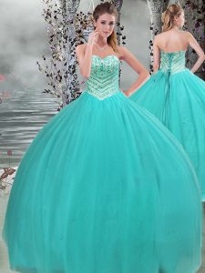Popular Sleeveless Tulle Floor Length Lace Up Quinceanera Dresses in Turquoise with Beading