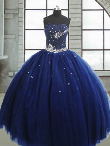 Glittering Floor Length Ball Gowns Sleeveless Navy Blue Quince Ball Gowns Lace Up
