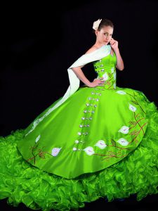 Custom Designed Quinceanera Gown Military Ball and Sweet 16 and Quinceanera with Embroidery and Ruffles Sweetheart Sleeveless Brush Train Lace Up