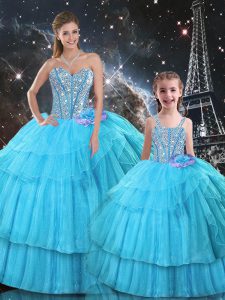Chic Floor Length Ball Gowns Sleeveless Aqua Blue Quinceanera Gown Lace Up