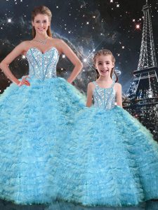Unique Tulle Sleeveless Floor Length Sweet 16 Quinceanera Dress and Beading and Ruffles