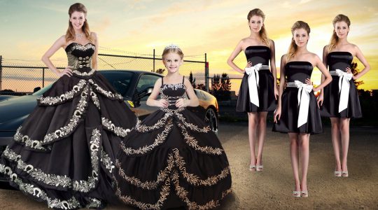 Cute Floor Length Lace Up Quince Ball Gowns Black for Military Ball and Sweet 16 and Quinceanera with Embroidery and Ruffled Layers