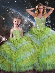 Multi-color Quinceanera Gown Military Ball and Sweet 16 and Quinceanera with Beading and Ruffled Layers and Sequins Sweetheart Sleeveless Lace Up