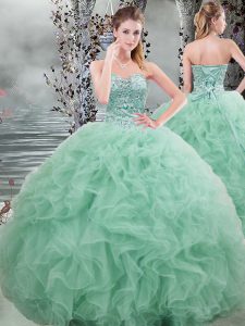 Apple Green Ball Gowns Sweetheart Sleeveless Organza Floor Length Lace Up Beading and Ruffles Quinceanera Gowns