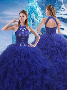 Blue Lace Up Quinceanera Dress Beading and Ruffles Sleeveless Brush Train