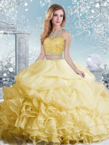 Stunning Yellow Sleeveless Beading and Ruffles and Pick Ups Floor Length 15 Quinceanera Dress
