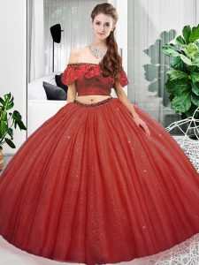 Beautiful Coral Red Lace Up Off The Shoulder Lace Ball Gown Prom Dress Organza Sleeveless