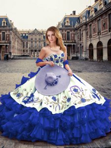 Organza Sweetheart Sleeveless Lace Up Embroidery and Ruffled Layers Ball Gown Prom Dress in Royal Blue