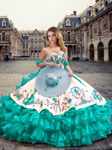 Enchanting Organza and Taffeta Sleeveless Floor Length Vestidos de Quinceanera and Embroidery and Ruffled Layers