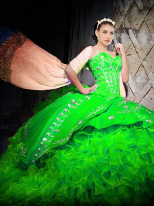 Beauteous Green Ball Gowns Organza Sweetheart Sleeveless Embroidery and Ruffles With Train Lace Up Sweet 16 Dresses Brush Train