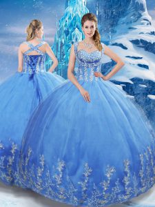 Baby Blue Ball Gowns Tulle Sweetheart Sleeveless Beading and Appliques Floor Length Lace Up Quinceanera Dresses