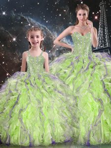 Superior Floor Length Lace Up 15th Birthday Dress Yellow Green for Military Ball and Sweet 16 and Quinceanera with Beading and Ruffles