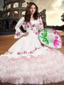 Luxurious Long Sleeves Lace Up Floor Length Embroidery and Ruffled Layers Quinceanera Gown