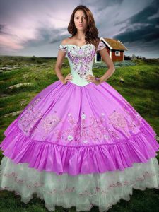 Suitable Lilac Sleeveless Floor Length Beading and Embroidery and Ruffled Layers Lace Up Quinceanera Dresses