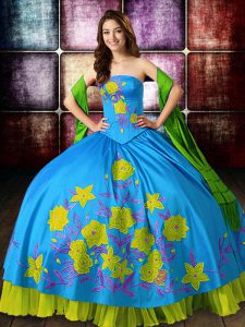 Multi-color Ball Gowns Strapless Sleeveless Satin Floor Length Lace Up Embroidery 15th Birthday Dress