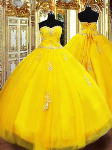 Sophisticated Gold Sleeveless Tulle Lace Up Quinceanera Gowns for Military Ball and Sweet 16 and Quinceanera