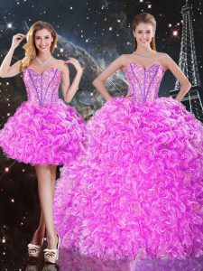 On Sale Fuchsia Organza Lace Up Sweet 16 Quinceanera Dress Sleeveless Floor Length Beading and Ruffles