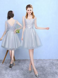 Custom Made Silver Half Sleeves Knee Length Lace Lace Up Quinceanera Court Dresses