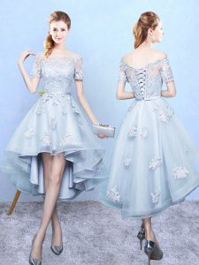 Off The Shoulder Short Sleeves Lace Up Court Dresses for Sweet 16 Light Blue Tulle