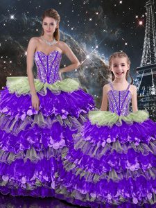 Multi-color Ball Gown Prom Dress Military Ball and Sweet 16 and Quinceanera with Beading and Ruffles Sweetheart Sleeveless Lace Up