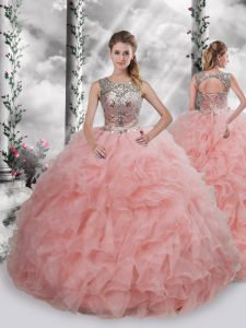 Sleeveless Organza Floor Length Lace Up Quince Ball Gowns in Baby Pink with Beading and Ruffles