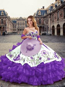 Pretty Embroidery and Ruffled Layers Quinceanera Gowns Lavender Lace Up Sleeveless Floor Length
