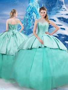 Colorful Turquoise Sleeveless Brush Train Beading and Ruching Quinceanera Gowns