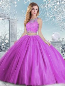 Lilac Sleeveless Beading and Sequins Floor Length Quinceanera Dresses