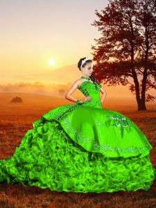 Sophisticated Green Sleeveless Organza Brush Train Lace Up Quince Ball Gowns for Military Ball and Sweet 16 and Quinceanera