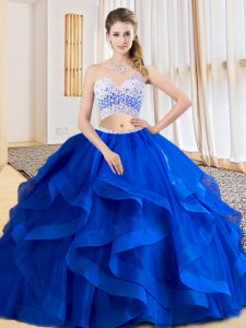 Romantic Royal Blue Tulle Criss Cross Quinceanera Gown Sleeveless Floor Length Beading and Ruffles