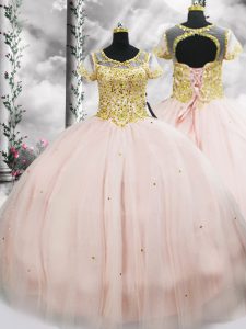 Spectacular Tulle Scoop Short Sleeves Lace Up Beading Sweet 16 Quinceanera Dress in Pink