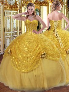 Suitable Ball Gowns 15th Birthday Dress Gold Sweetheart Tulle Sleeveless Floor Length Lace Up