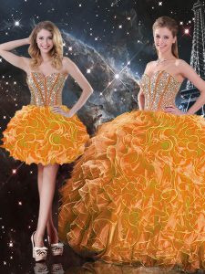 Affordable Orange Sleeveless Organza Lace Up Ball Gown Prom Dress for Military Ball and Sweet 16 and Quinceanera