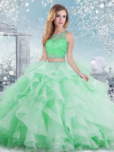 Organza Scoop Sleeveless Clasp Handle Beading and Ruffles 15th Birthday Dress in Apple Green