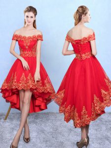 A-line Dama Dress for Quinceanera Wine Red Off The Shoulder Tulle Sleeveless High Low Lace Up
