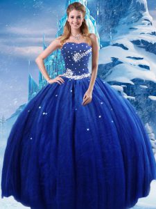 Amazing Royal Blue Tulle Lace Up Quinceanera Dress Sleeveless Floor Length Beading