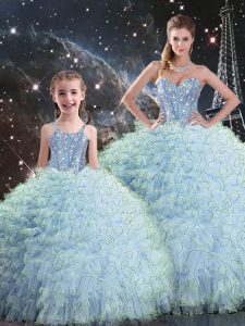 Sweetheart Sleeveless 15th Birthday Dress Floor Length Beading and Ruffles Aqua Blue Organza