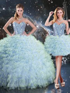 Edgy Aqua Blue Sweetheart Lace Up Beading and Ruffles Sweet 16 Quinceanera Dress Sleeveless