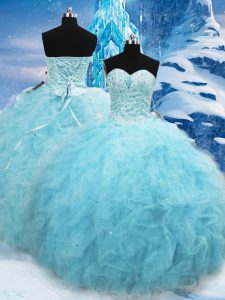 Spectacular Floor Length Aqua Blue Sweet 16 Dresses Tulle Sleeveless Beading and Pick Ups