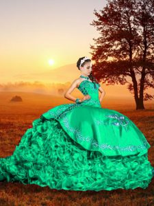 Extravagant Sleeveless Organza Brush Train Lace Up Ball Gown Prom Dress in Turquoise with Embroidery and Ruffles