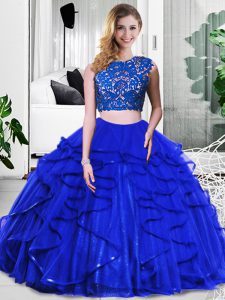 Royal Blue Sleeveless Floor Length Lace and Ruffles Zipper 15th Birthday Dress