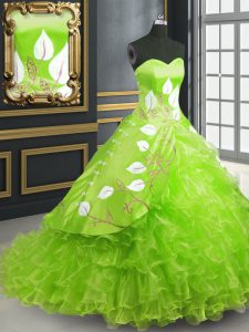 Admirable Sweetheart Lace Up Embroidery 15th Birthday Dress Brush Train Sleeveless