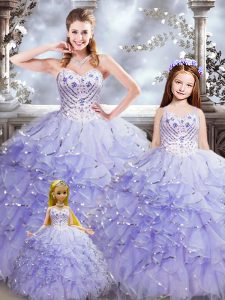 Captivating Lavender Ball Gowns Sweetheart Sleeveless Organza Floor Length Lace Up Beading and Ruffles Quinceanera Dresses