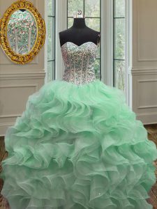 Apple Green Ball Gowns Ruffles Quinceanera Gowns Lace Up Organza Sleeveless Floor Length