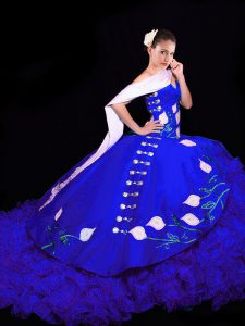 Royal Blue Sleeveless Organza Brush Train Lace Up Quinceanera Gowns for Military Ball and Sweet 16 and Quinceanera