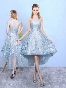 Chic Light Blue A-line Tulle and Printed Scoop Sleeveless Appliques High Low Zipper Court Dresses for Sweet 16
